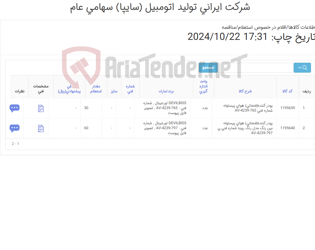 تصویر کوچک آگهی تامین دو ردیف پودر کننده(فنجانی) ‎هوای پیستوله‏