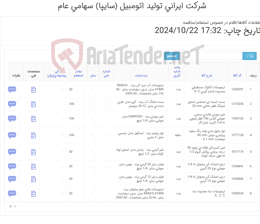 تصویر کوچک آگهی 8 ردیف اقلام یدکی آب سرد کن و یخچال(اطلاعات پیوست)