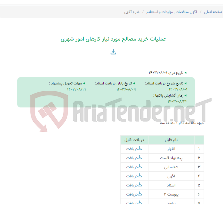 تصویر کوچک آگهی عملیات خرید مصالح مورد نیاز کارهای امور شهری