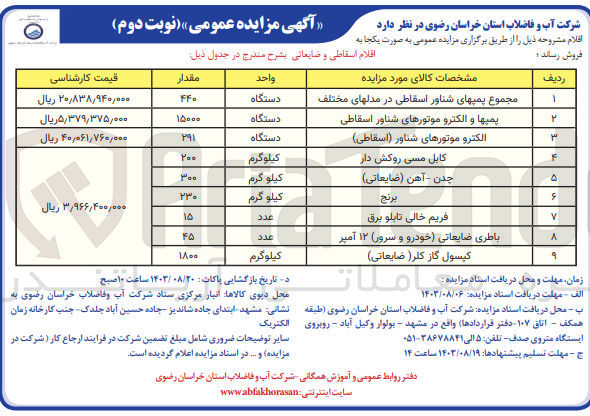 تصویر کوچک آگهی فروش اقلامر 9 ردیف شامل :
برنج ،کپسول گاز کلر ،کابل مسی روکش دار ،فریم خالی تابلو  برق ،الکتروموتورهای شناور ،چدن و آهن و....