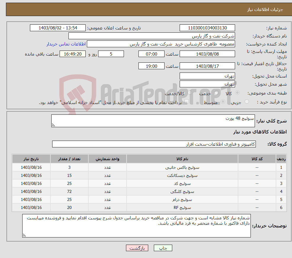 تصویر کوچک آگهی نیاز انتخاب تامین کننده-سوئیچ 48 پورت