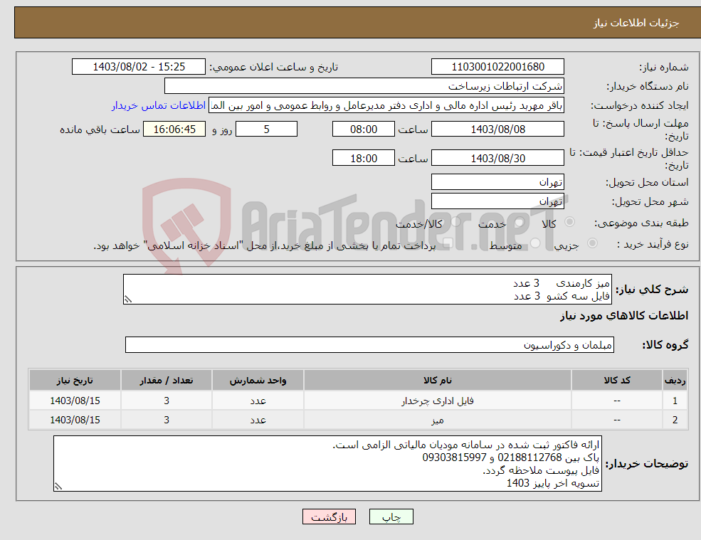 تصویر کوچک آگهی نیاز انتخاب تامین کننده-میز کارمندی 3 عدد فایل سه کشو 3 عدد جنس MDF 