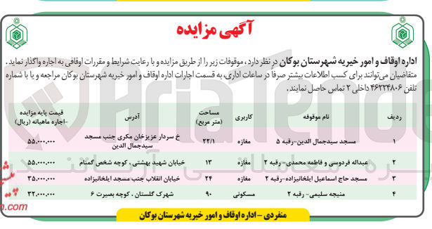 تصویر کوچک آگهی واگذاری موقوفات در 4 ردیف باکاربری مغازه و  مسکونی 