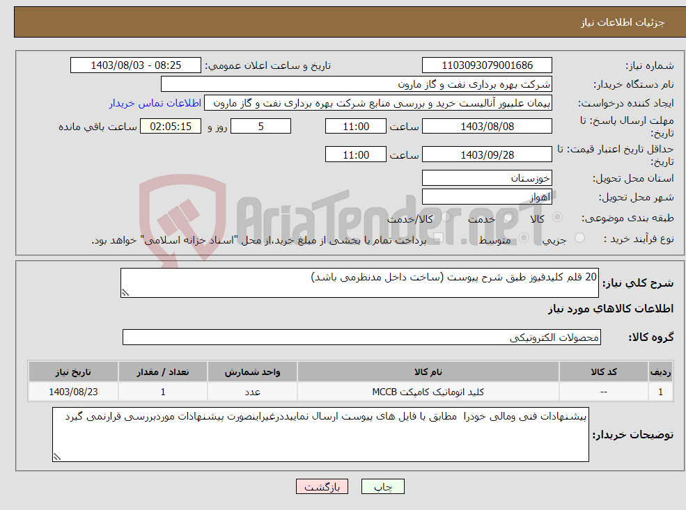 تصویر کوچک آگهی نیاز انتخاب تامین کننده-20 قلم کلیدفیوز طبق شرح پیوست (ساخت داخل مدنظرمی باشد)