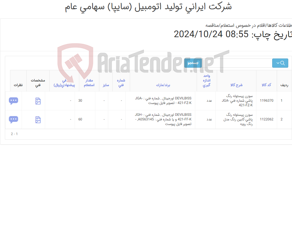 تصویر کوچک آگهی تامین دو ردیف سوزن های ‎پیستوله رنگ پاشی‏