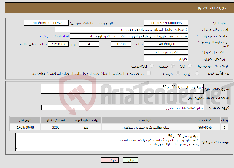تصویر کوچک آگهی نیاز انتخاب تامین کننده-تهیه و حمل جدول 30 در 50 