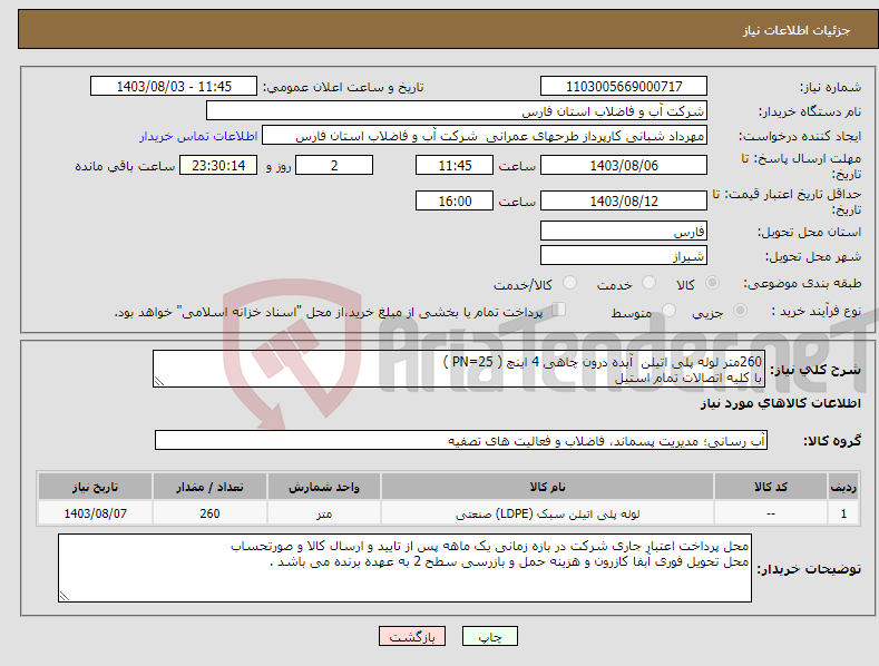 تصویر کوچک آگهی نیاز انتخاب تامین کننده-260متر لوله پلی اتیلن آبده درون چاهی 4 اینچ ( PN=25 ) با کلیه اتصالات تمام استیل 