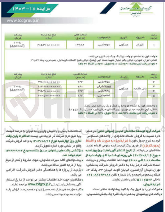 تصویر کوچک آگهی فروش تعداد محدودی از واحدهای مسکونی در پروژه های شهران (1 واحد) و یاس عطیمیه (4 واحد)