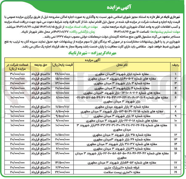 تصویر کوچک آگهی واگذاری اماکن به صورت اجاره در 19 ردیف 