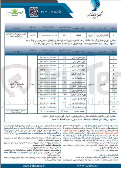تصویر کوچک آگهی فروش تعداد محدودی واحدها در پروژه کاشانی (باران) (یک واحد تجاری)  و در پروژه زیتون (14 واحد مسکونی) 