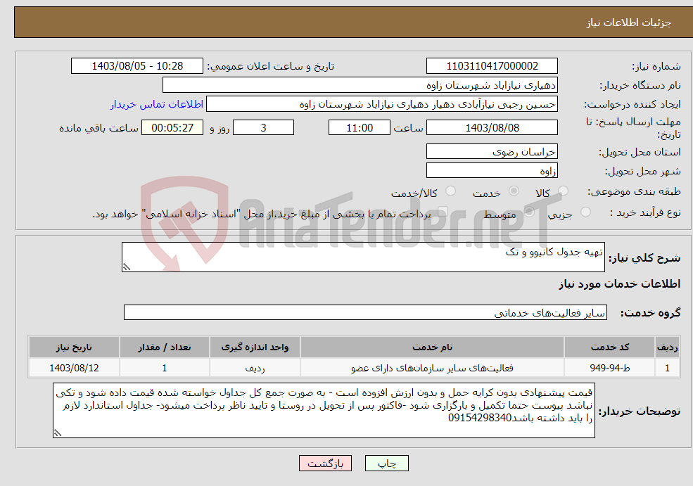 تصویر کوچک آگهی نیاز انتخاب تامین کننده-تهیه جدول کانیوو و تک 