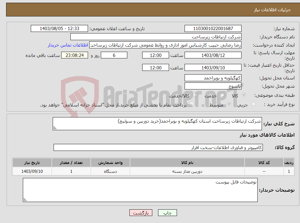 تصویر کوچک آگهی نیاز انتخاب تامین کننده-شرکت ارتباطات زیرساخت استان کهگیلویه و بویراحمد(خرید دوربین و سوئیچ)