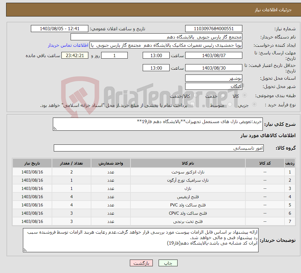 تصویر کوچک آگهی نیاز انتخاب تامین کننده-خرید:تعویض نازل های مستعمل تجهیزات**پالایشگاه دهم فاز19**