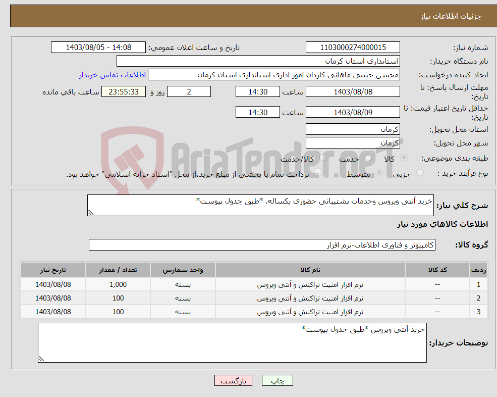 تصویر کوچک آگهی نیاز انتخاب تامین کننده-خرید آنتی ویروس وخدمات پشتیبانی حضوری یکساله. *طبق جدول پیوست*