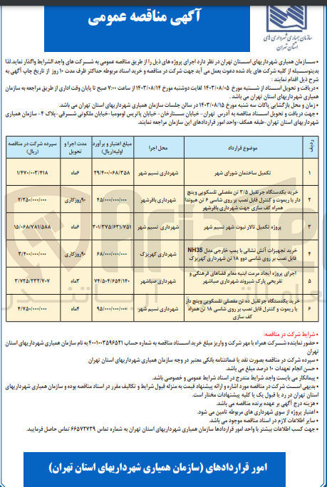 تصویر کوچک آگهی خرید تجهیزات آتش نشانی با پمپ خارجی مدل NH35 شهرداری کهریزک قابل نصب بر روی شاسی دوو ۱۸ تن شهرداری کهریزک