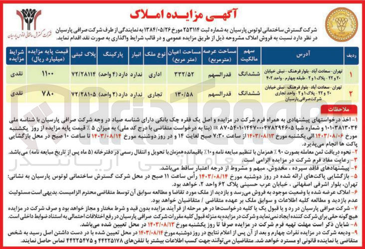 تصویر کوچک آگهی فروش املاک در دو ردیف باکاربری تجاری و اداری 