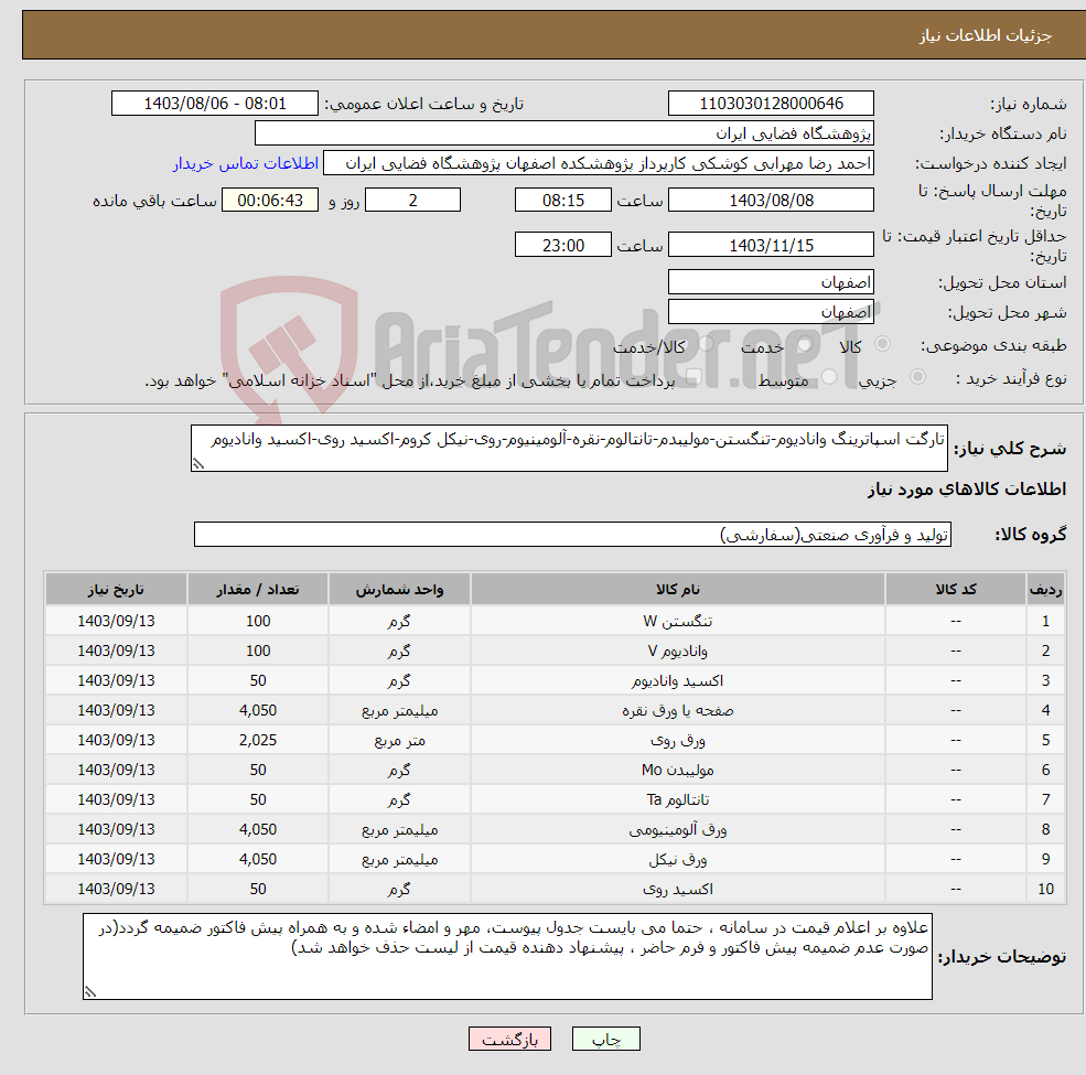 تصویر کوچک آگهی نیاز انتخاب تامین کننده-تارگت اسپاترینگ وانادیوم-تنگستن-مولیبدم-تانتالوم-نقره-آلومینیوم-روی-نیکل کروم-اکسید روی-اکسید وانادیوم 