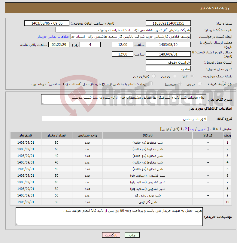 تصویر کوچک آگهی نیاز انتخاب تامین کننده-انواع مختلف شیرآلات و شیرفلکه ها مطابق مشخصات فنی ارائه شده در دیتا شیت پیوست