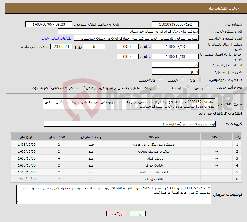 تصویر کوچک آگهی نیاز انتخاب تامین کننده-تقاضای 0330152 جهت اطلاع بیشتر از کالای مورد نیاز به تقاضای پیوستی مراجعه شود ، پیشنهاد فنی ، مالی بصورت مجزا پیوست گردد ، خرید اعتباری میباشد.