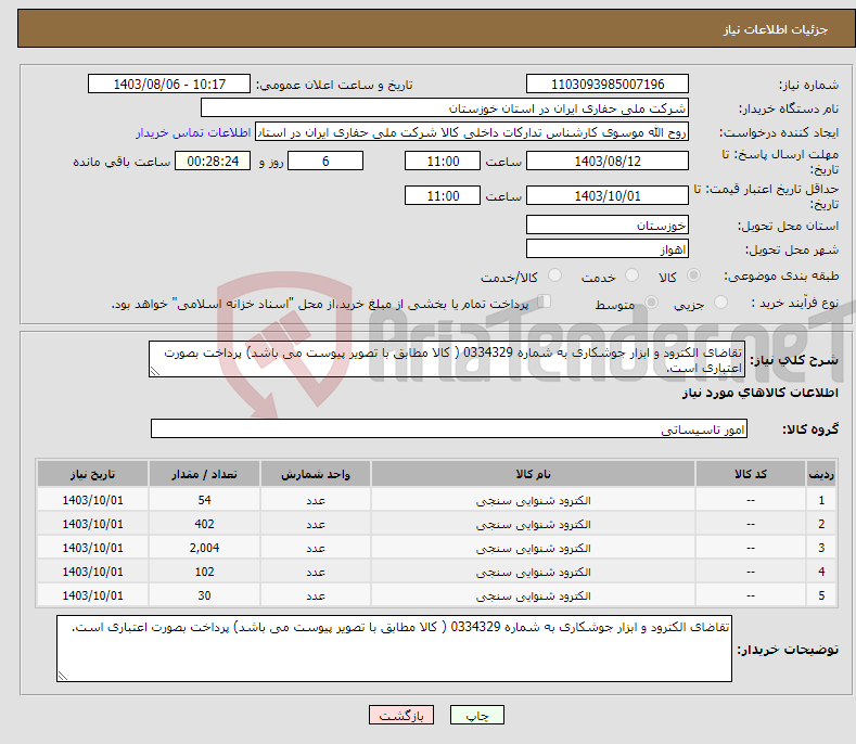 تصویر کوچک آگهی نیاز انتخاب تامین کننده-تقاضای الکترود و ابزار جوشکاری به شماره 0334329 ( کالا مطابق با تصویر پیوست می باشد) پرداخت بصورت اعتباری است.