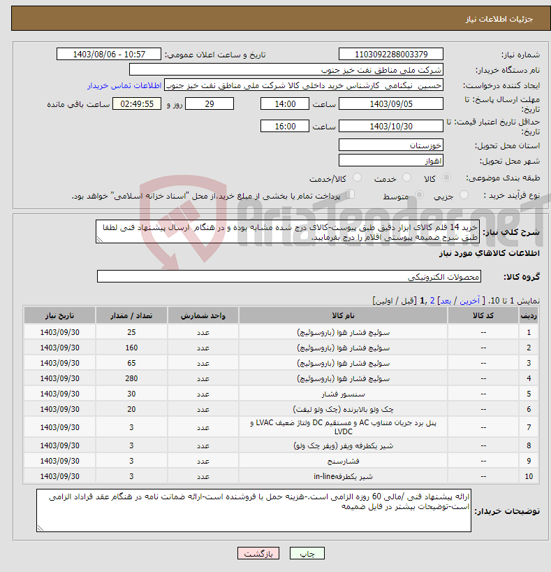 تصویر کوچک آگهی نیاز انتخاب تامین کننده-خرید 14 قلم کالای ابزار دقیق طبق پیوست-کالای درج شده مشابه بوده و در هنگام ارسال پیشنهاد فنی لطفا طبق شرح ضمیمه پیوستی اقلام را درج بفرمایید.