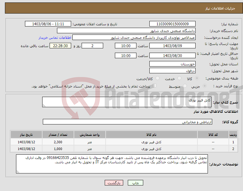 تصویر کوچک آگهی نیاز انتخاب تامین کننده-کابل فیبر نوری