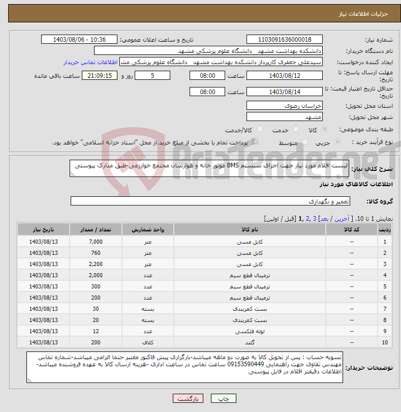 تصویر کوچک آگهی نیاز انتخاب تامین کننده-لیست اقلام مورد نیاز جهت اجرای سیستم BMS موتور خانه و هوارسان مجتمع خوارزمی-طبق مدارک پیوستی