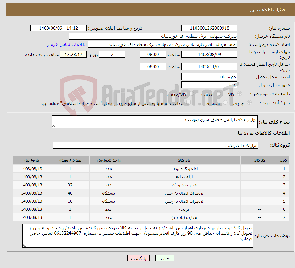 تصویر کوچک آگهی نیاز انتخاب تامین کننده-لوازم یدکی ترانس - طبق شرح پیوست