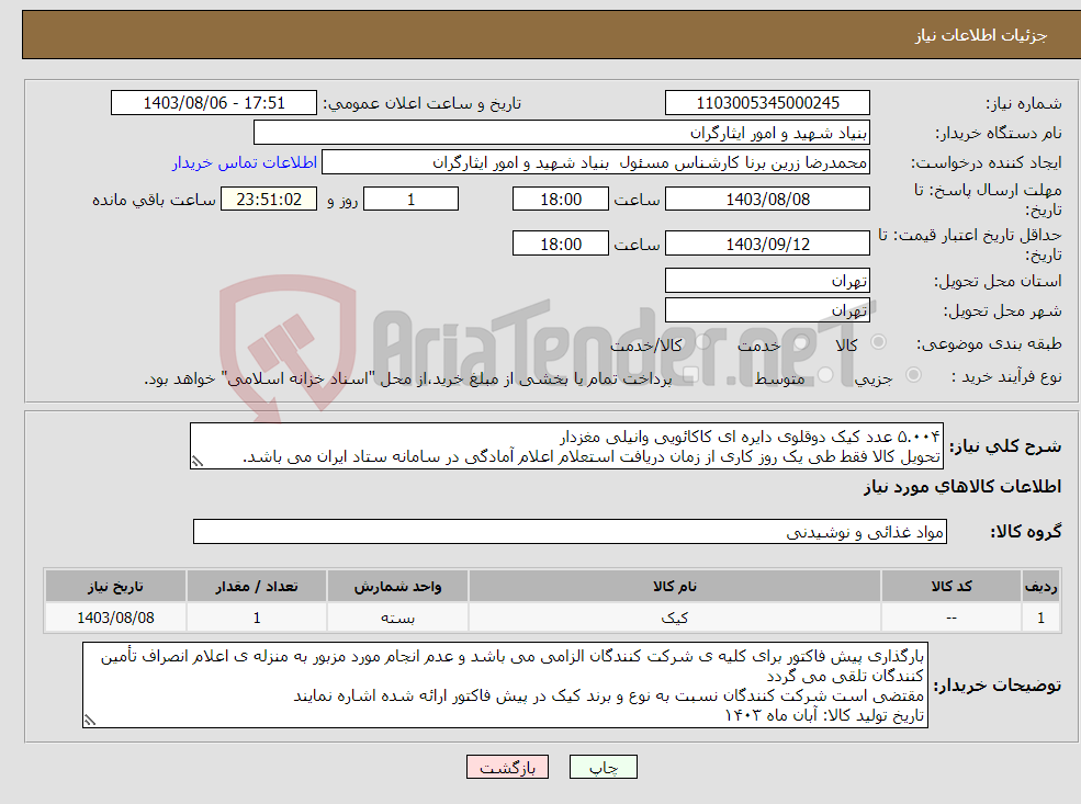تصویر کوچک آگهی نیاز انتخاب تامین کننده-۵.۰۰۴ عدد کیک دوقلوی دایره ای کاکائویی وانیلی مغزدار تحویل کالا فقط طی یک روز کاری از زمان دریافت استعلام اعلام آمادگی در سامانه ستاد ایران می باشد.