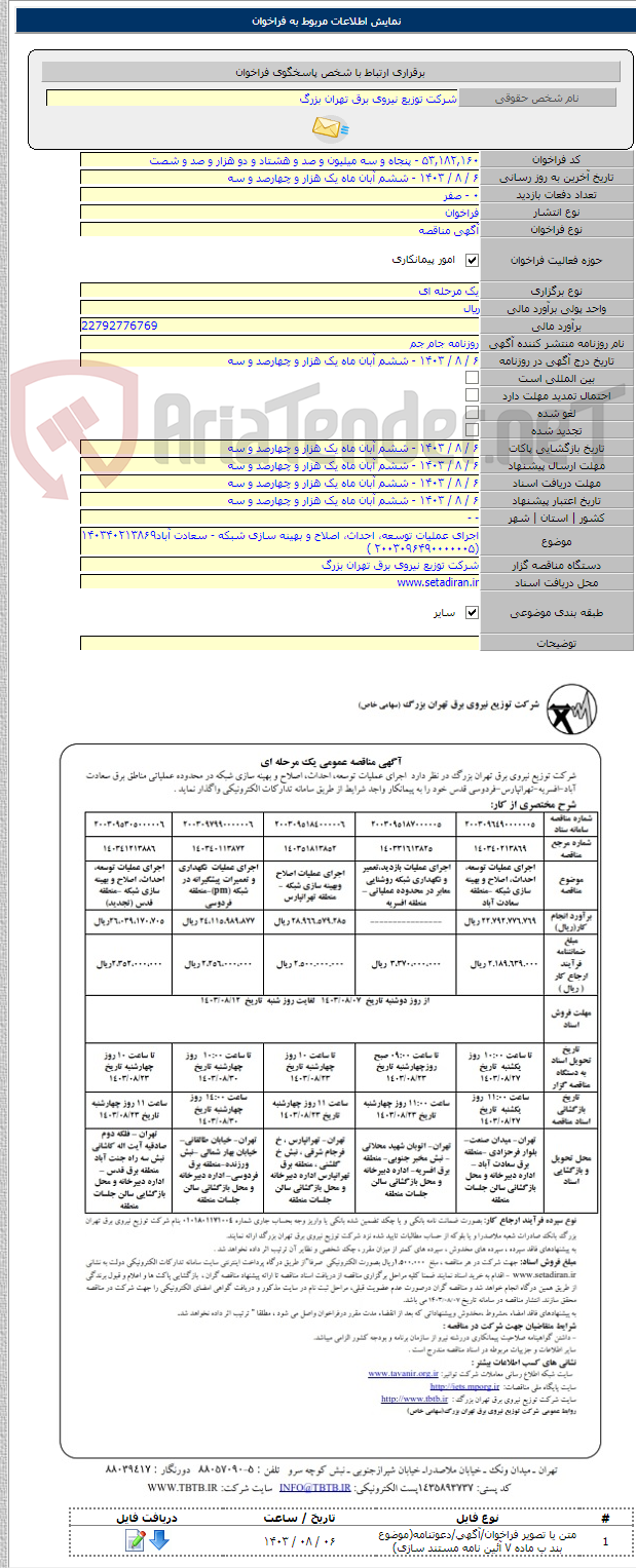 تصویر کوچک آگهی اجرای عملیات توسعه، احداث، اصلاح و بهینه سازی شبکه - سعادت آباد۱۴۰۳۴۰۲۱۳۸۶۹ (۲۰۰۳۰۹۶۴۹۰۰۰۰۰۰۵ )