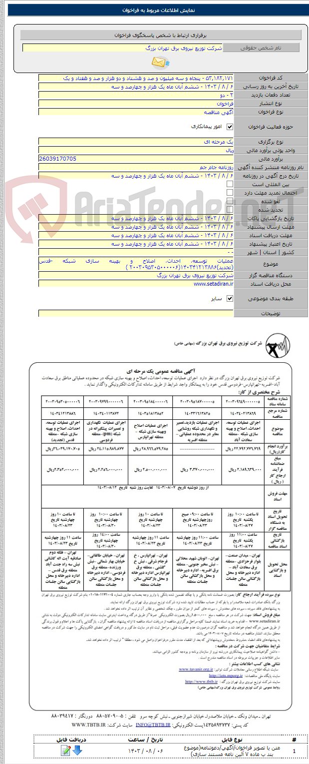 تصویر کوچک آگهی عملیات توسعه، احداث، اصلاح و بهینه سازی شبکه -قدس (تجدید)۱۴۰۳۴۱۲۱۳۸۸۶(۲۰۰۳۰۹۵۳۰۵۰۰۰۰۰۶ )