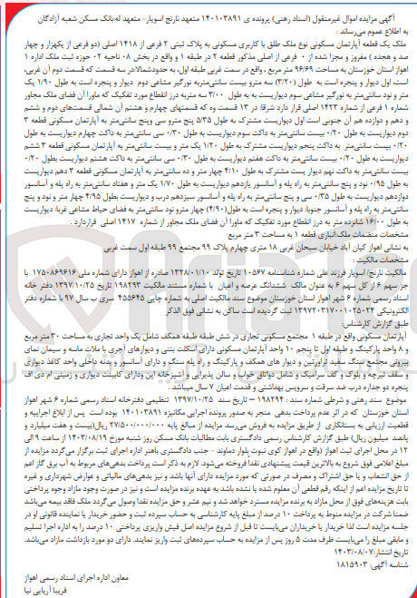 تصویر کوچک آگهی پرونده اجرایی کلاسه :140103891
فروش یک قطعه آپارتمان مسکونی به پلاک ثبتی 2