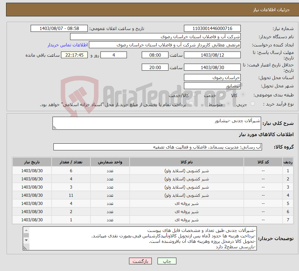 تصویر کوچک آگهی نیاز انتخاب تامین کننده-شیرآلات چدنی -نیشابور