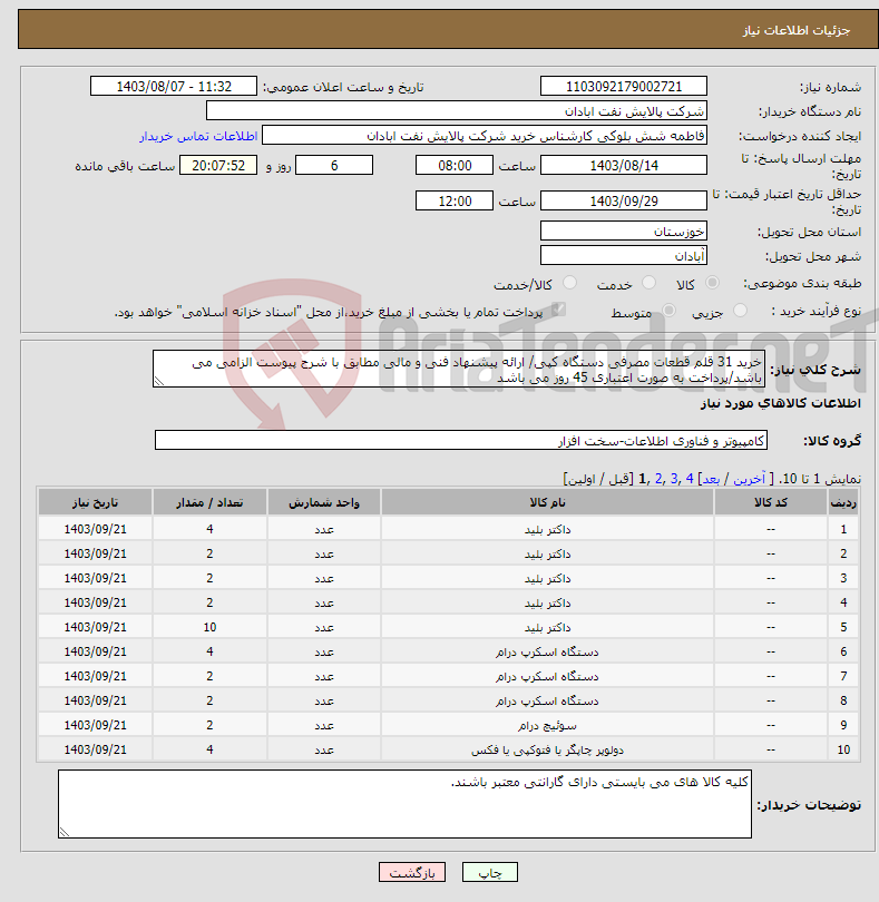 تصویر کوچک آگهی نیاز انتخاب تامین کننده-خرید 31 قلم قطعات مصرفی دستگاه کپی/ ارائه پیشنهاد فنی و مالی مطابق با شرح پیوست الزامی می باشد/پرداخت به صورت اعتباری 45 روز می باشد