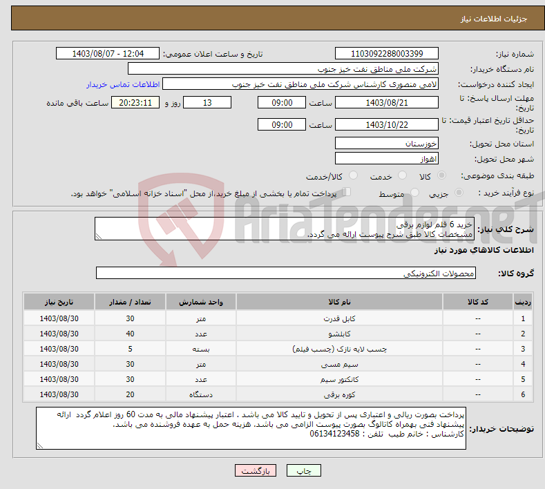 تصویر کوچک آگهی نیاز انتخاب تامین کننده-خرید 6 قلم لوازم برقی مشخصات کالا طبق شرح پیوست ارائه می گردد.