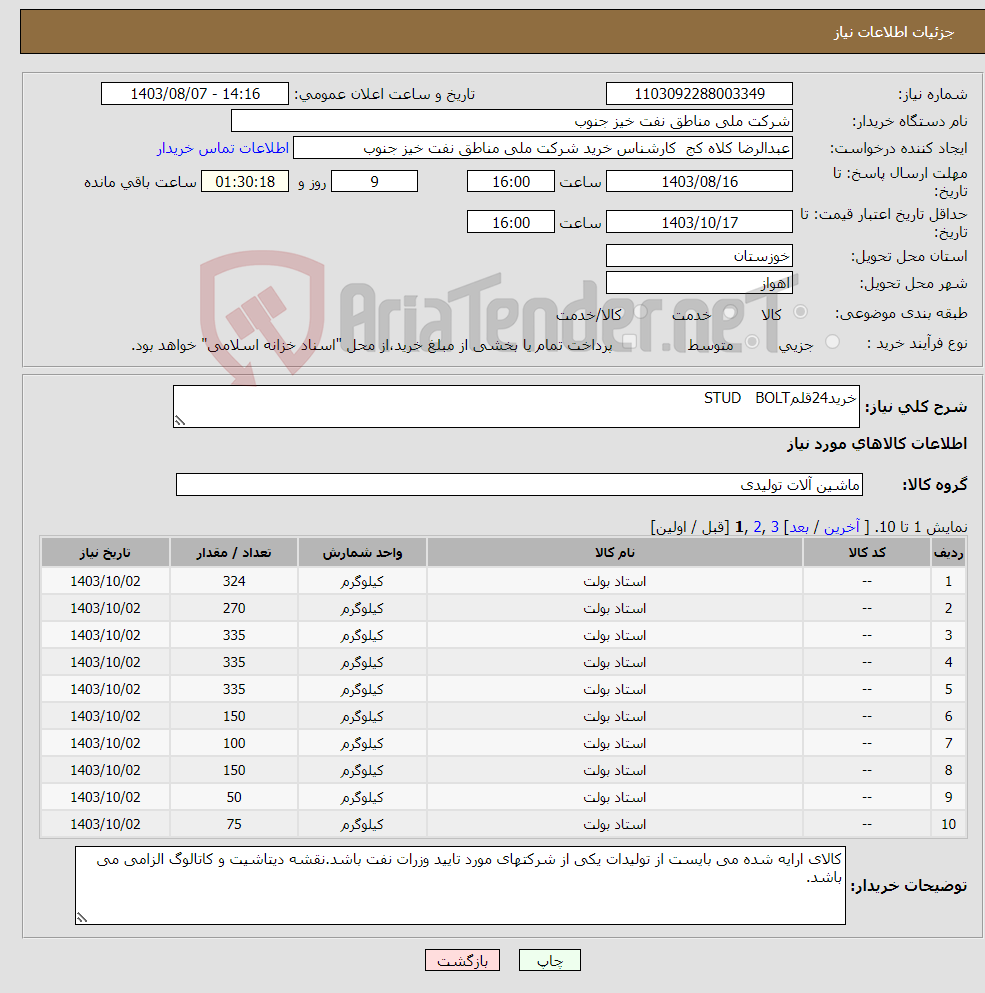 تصویر کوچک آگهی نیاز انتخاب تامین کننده-خرید24قلمSTUD BOLT