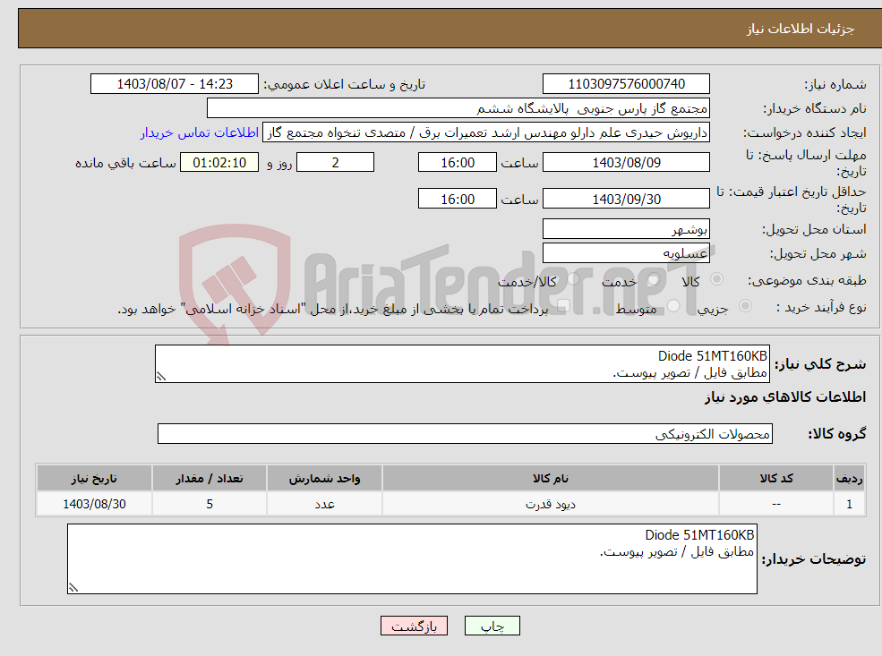 تصویر کوچک آگهی نیاز انتخاب تامین کننده-Diode 51MT160KB مطابق فایل / تصویر پیوست. 