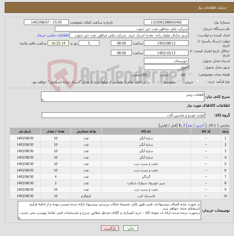 تصویر کوچک آگهی نیاز انتخاب تامین کننده-قطعات رونیز
