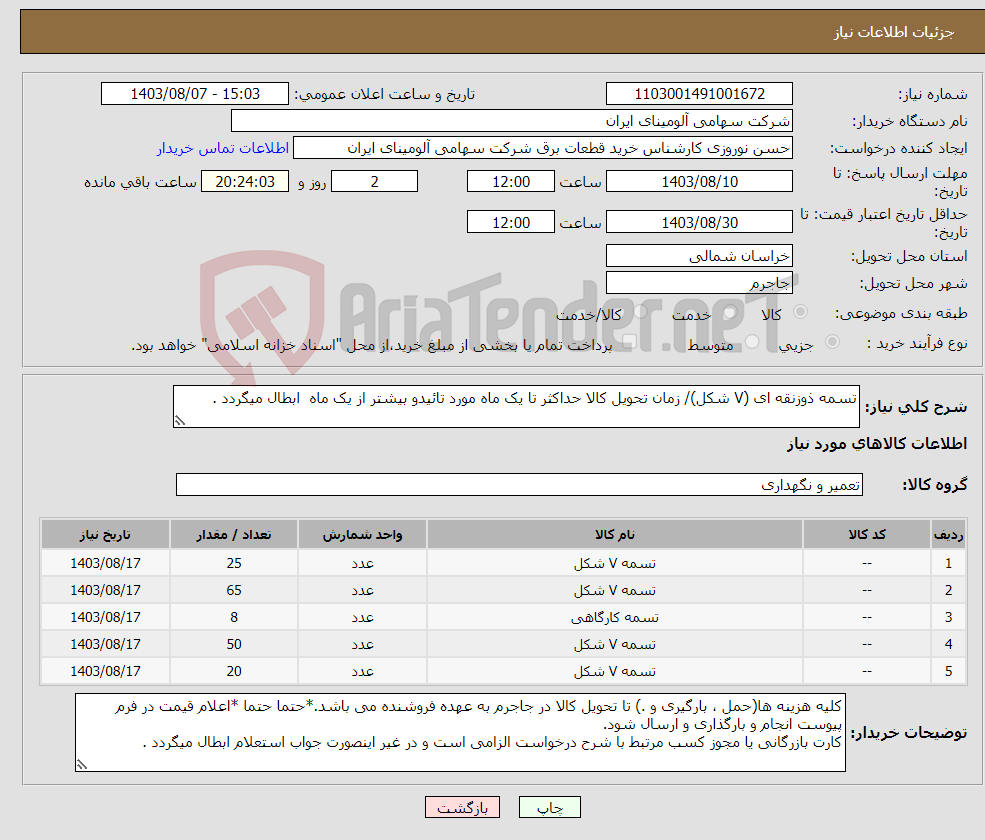 تصویر کوچک آگهی نیاز انتخاب تامین کننده-تسمه ‎ذوزنقه ای (V شکل)‏/ زمان تحویل کالا حداکثر تا یک ماه مورد تائیدو بیشتر از یک ماه ابطال میگردد .
