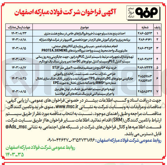تصویر کوچک آگهی طراحی ،تدارک ،ساخت ،نصب ،تست ،راه اندازی و آموزش جایگزینی موتورهای c و تابلوهای tps تجهیزات لیفت و تراورس تانک خنک سازی تختال شماره دو واحد آماده سازی تختال به صورت epc