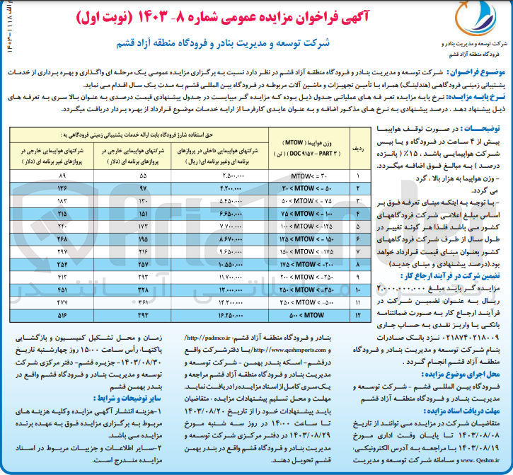 تصویر کوچک آگهی تامین تجهیزات و ماشین آلات مربوطه در فرودگاه بین المللی قشم 