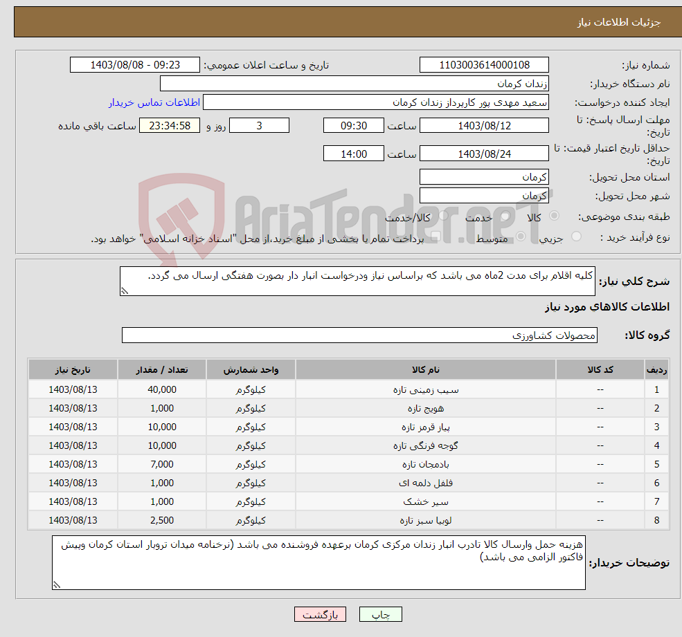 تصویر کوچک آگهی نیاز انتخاب تامین کننده-کلیه اقلام برای مدت 2ماه می باشد که براساس نیاز ودرخواست انبار دار بصورت هفتگی ارسال می گردد.