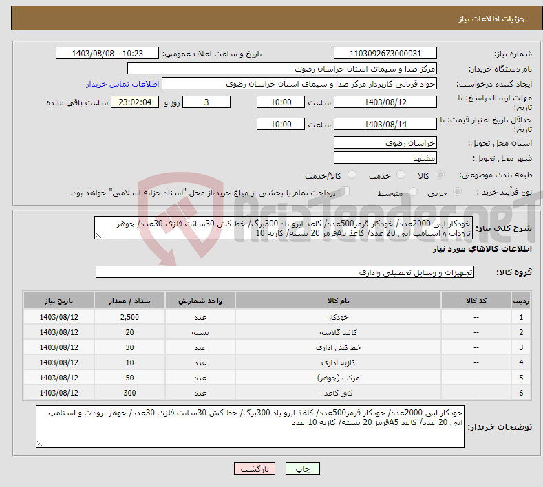 تصویر کوچک آگهی نیاز انتخاب تامین کننده-خودکار ابی 2000عدد/ خودکار قرمز500عدد/ کاغذ ابرو باد 300برگ/ خط کش 30سانت فلزی 30عدد/ جوهر ترودات و استامپ ابی 20 عدد/ کاغذ A5قرمز 20 بسته/ کازیه 10 
