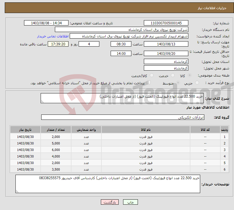 تصویر کوچک آگهی نیاز انتخاب تامین کننده-خرید 22.500 عدد انواع فیوزلینک (المنت فیوز) (از محل اعتبارات داخلی)