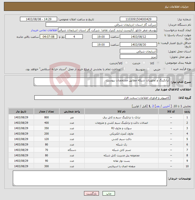 تصویر کوچک آگهی نیاز انتخاب تامین کننده-ترانکینگ و تجهیزات شبکه مطابق مشخصات پیوست