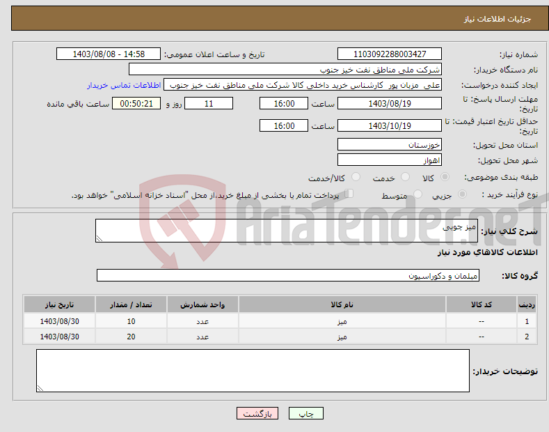 تصویر کوچک آگهی نیاز انتخاب تامین کننده-میز چوبی