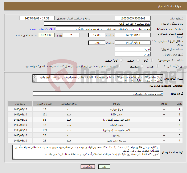 تصویر کوچک آگهی نیاز انتخاب تامین کننده-چراغ براکتی/لامپ آویز/لامپ مهتابی/لامپ هالوژن/لامپ FPL/پایه مهتابی معمولی/سر پیچ لامپ آویز وفق فایل های پیوست بارگذاری شده ۰۹۱۲۰۹۲۸۸۳۶ سامنی
