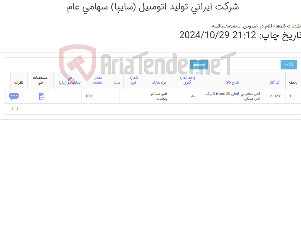 تصویر کوچک آگهی کابل مخابراتی(طبق ضمائم پیوست