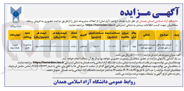 تصویر کوچک آگهی فروش تعداد ۱ واحد آپارتمان به پلاک ثبتی 155 به مساحت 211.42 مترمربع