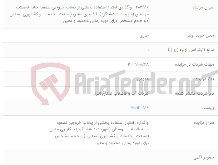 تصویر کوچک آگهی 403M6 - واگذاری امتیاز استفاده بخشی از پساب خروجی تصفیه خانه فاضلاب مهستان (شهرجدید هشتگرد) با کاربری معین (صنعت , خدمات و کشاورزی صنعتی ) و حجم مشخص برای دوره زمانی محدود و معین